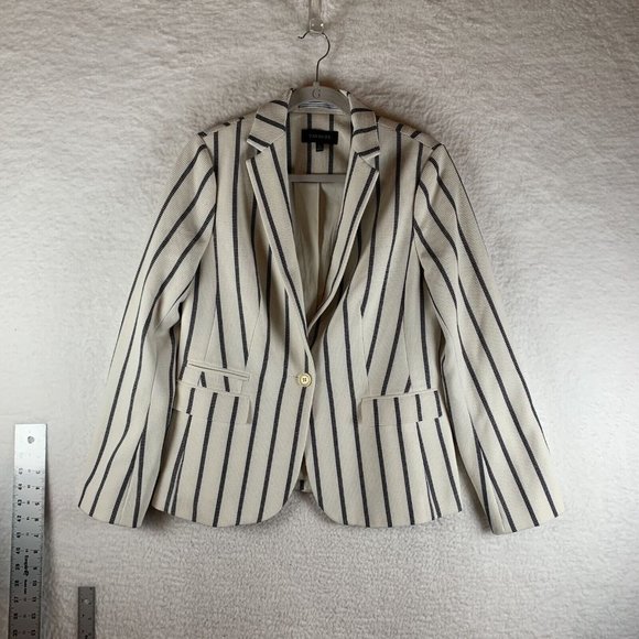 Talbots Blazer Jacket Women's 8 White Blue Striped‎ Waffle Single Breasted 8166 - Picture 1 of 7